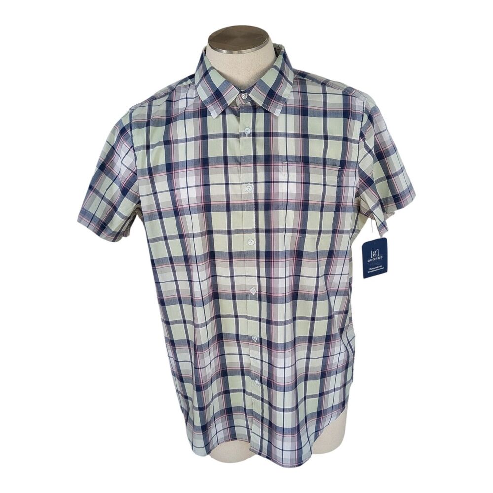 George Short Sleeve Stretch Poplin Shirt Pink And Green Plaid Size 2XL